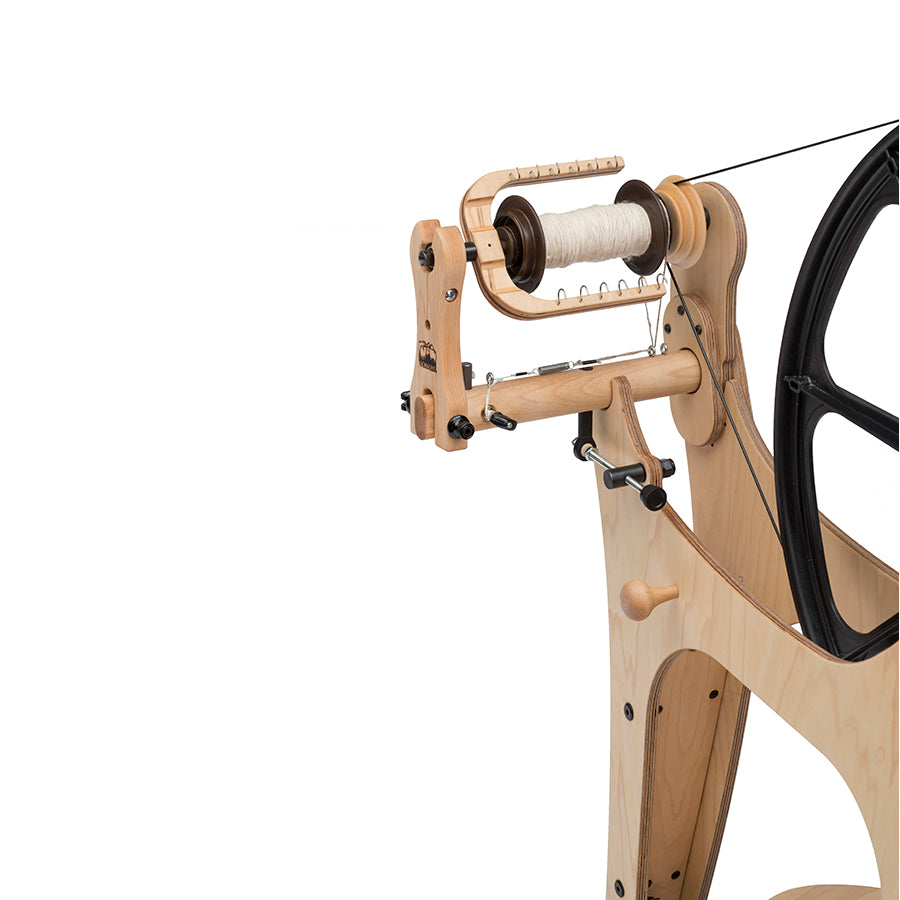 Detail of a Schacht Flatiron Spinning Wheel.