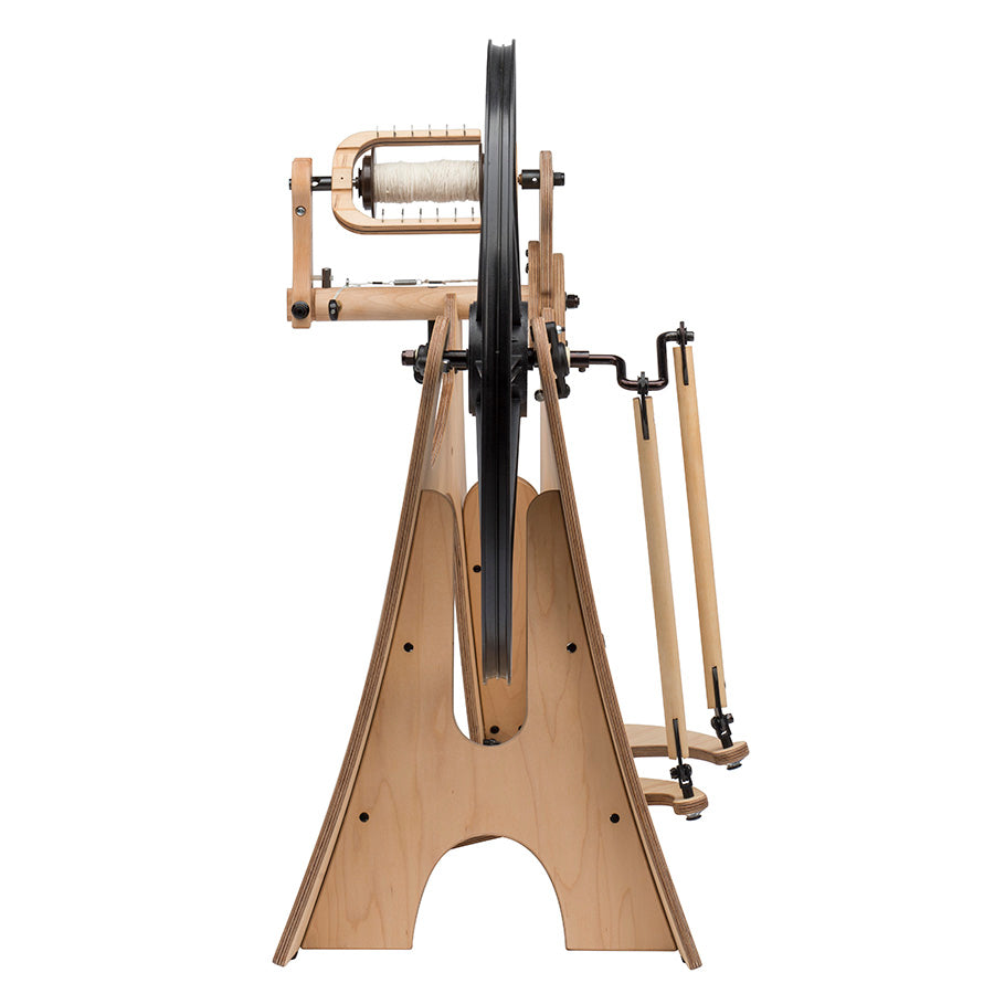 Rearview of a Schacht Flatiron Spinning Wheel.