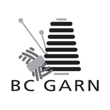 Black and white logo for BC Garn showing stylized cone and skein of yarn. 