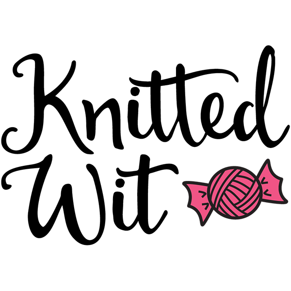 Logo for Knitted Wit yarn, showing black and white logo with pink candy shaped ball of yarn.