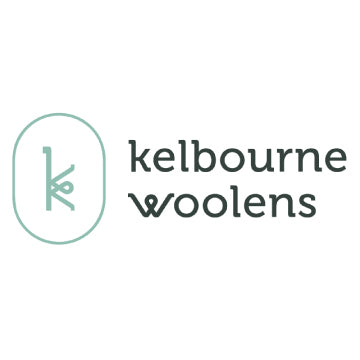 Dark green and teal Kelbourne Woolens logo.  Logo is of a stylized letter k in an oval. 