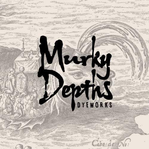 Black text of Murky Depths Dyeworks on a tan background of an etching of a sea monster.  