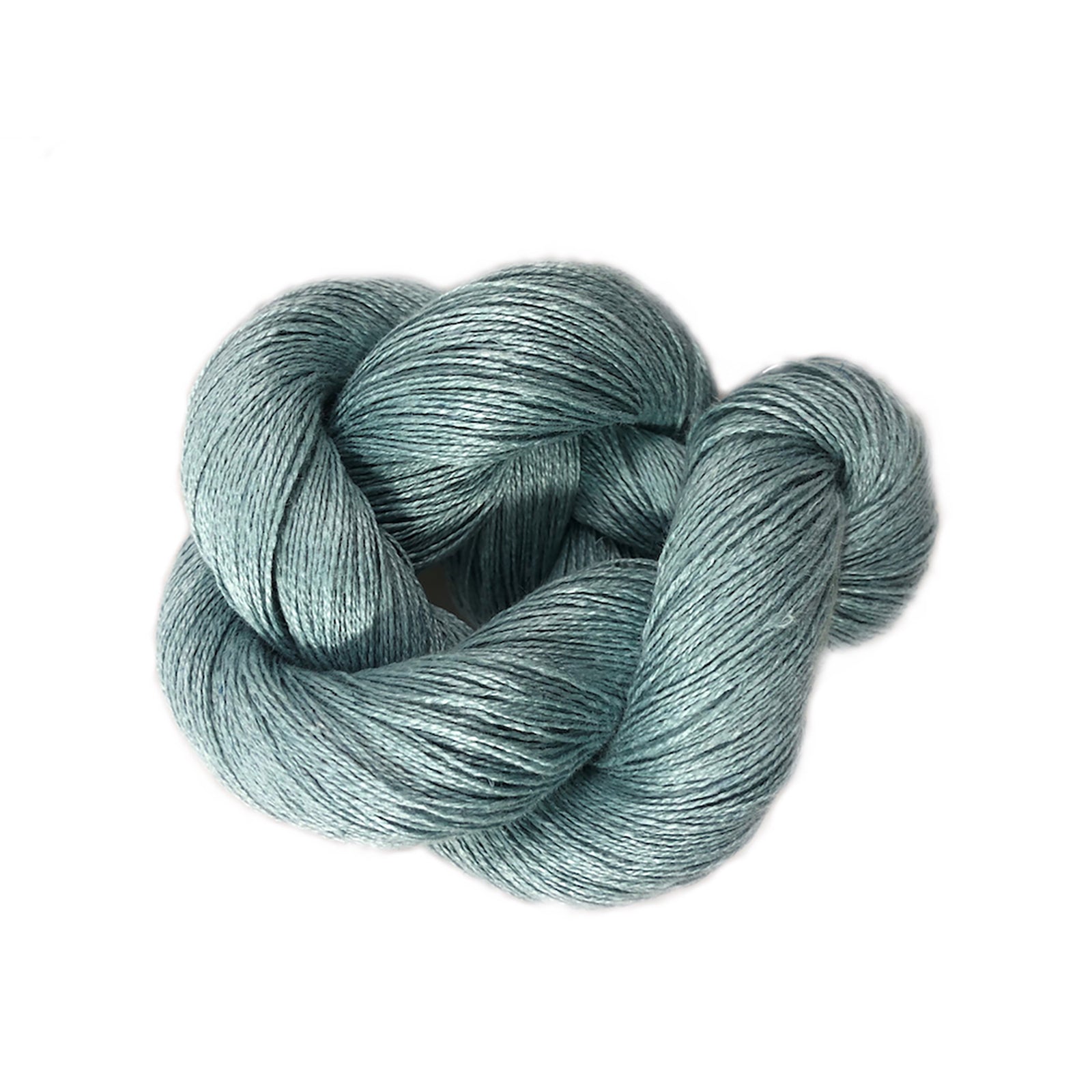 A skein of Lofty Fibers Euroflax Sport Aqua, a light teal