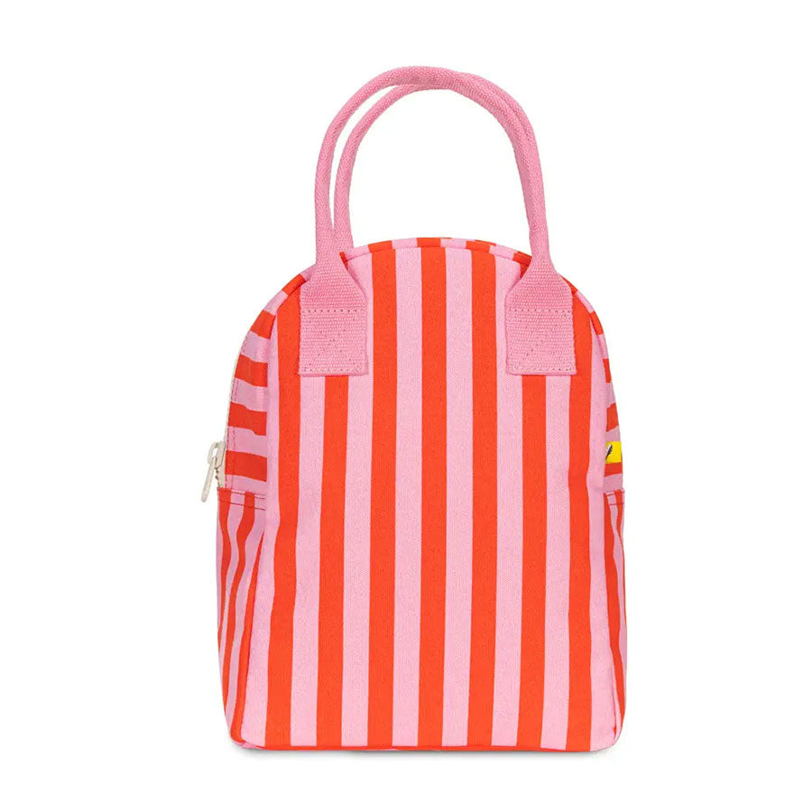 Red and pink striped bag with pink handles and a zipper closure on a white background