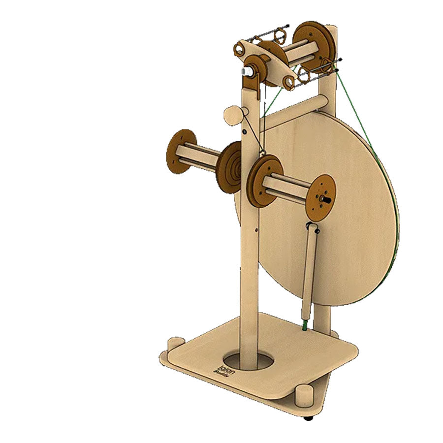 Rendering of a wooden Lojan BudgetBuddy spinning wheel