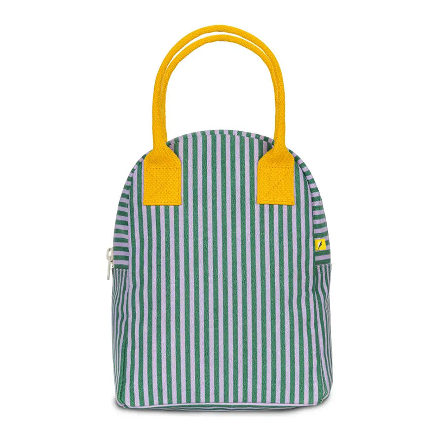 Green and purple striped bag with yellow handles and a zipper closure on a white background