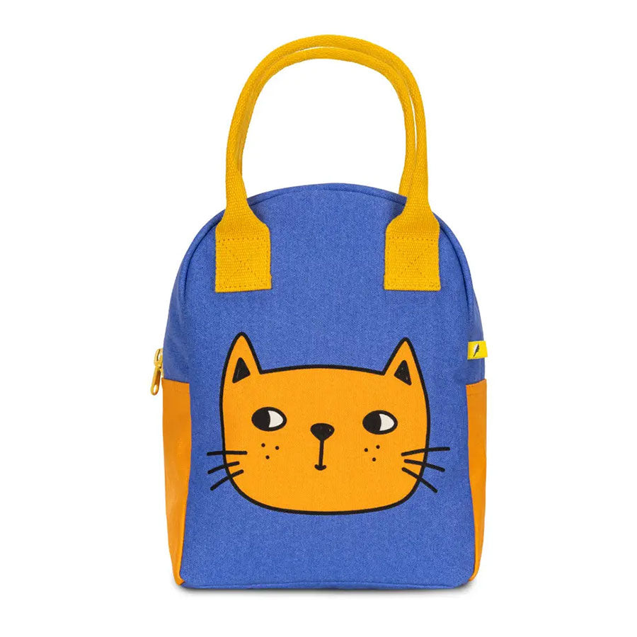 Blue and orange bag with a cat face printed on the center with yellow handles and a zipper closure on a white background