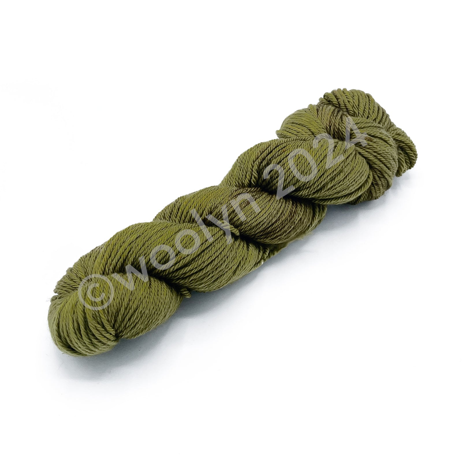 A skein of Knitted Wit Worsted SW Cat Eyes, an earthy yellowish green