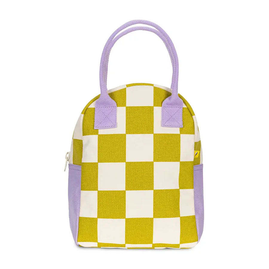 Green and white checkered bag with purple handles and a zipper closure on a white background