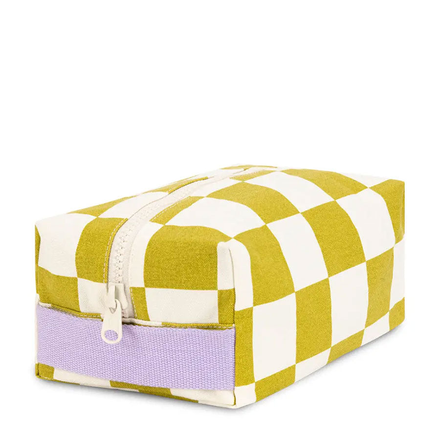Rectangular fabric pouch with green and white checkers and purple strap and zipper closure