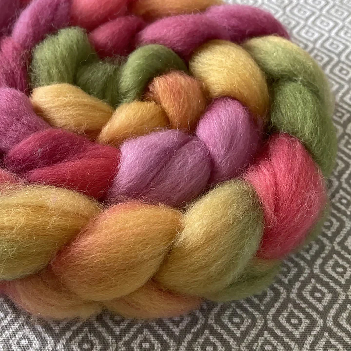 Detail of Greenwood Fiberworks Pigtails Dragon Fruit in muted shades of pink, purple, yellow, orange, and green