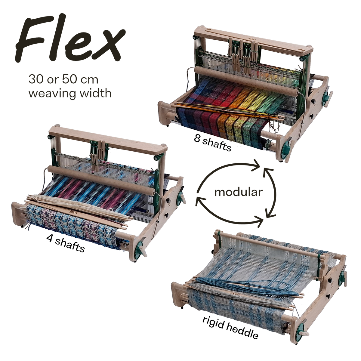Wooden Lojan Flex loom in its three variations: 8-shaft on top, 4-shaft in the middle, and rigid heddle on the bottom. Each loom has a different weaving project on it.