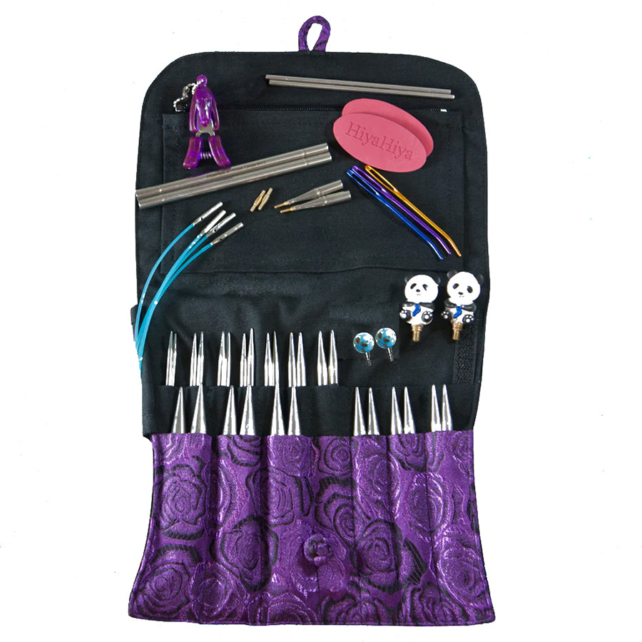 Image of the HiyaHiya SHARP steel interchangeable needle set in its cloth case.