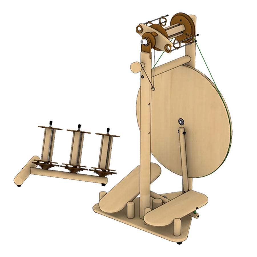 Rendering of a wooden spinning wheel with double treadles and a wooden lazy kate with three bobbins