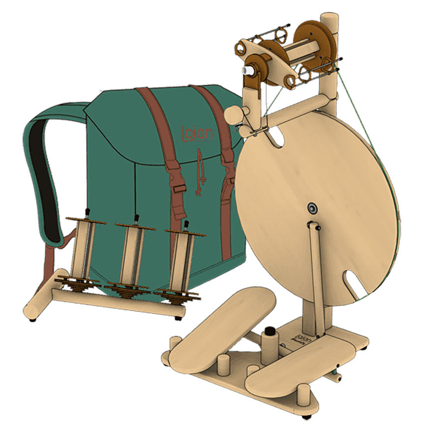 Rendering of Lojan Travel Buddy and accessories, a wooden spinning wheel, wooden lazy kate with three bobbins, and green and brown fabric carrying case with straps