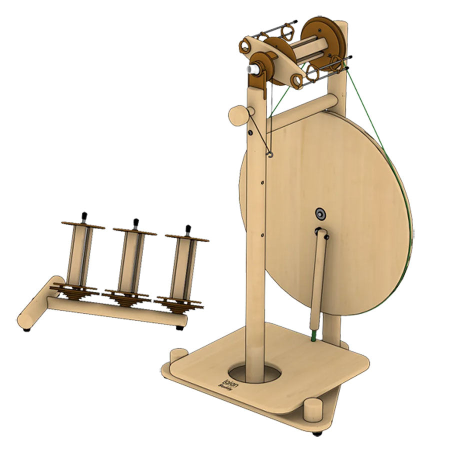 Rendering of a wooden spinning wheel with a single treadle and a wooden lazy kate with three bobbins