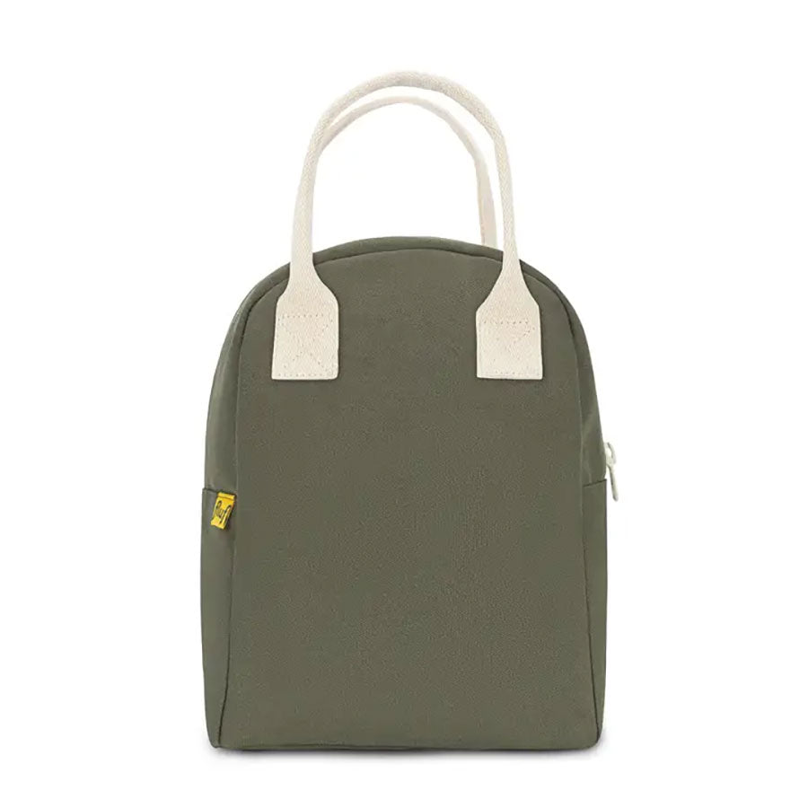 Taupe bag with off-white handles and a zipper closure on a white background