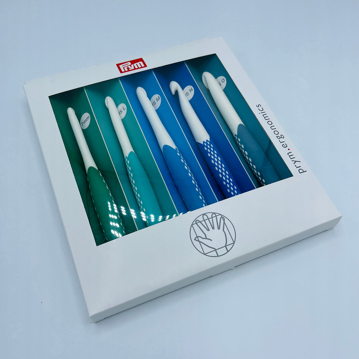 A set of Prym Ergonomics Large Crochet hooks in sizes 7mm, US L (8mm), US M (9mm) US N (10mm), and US O (12mm)