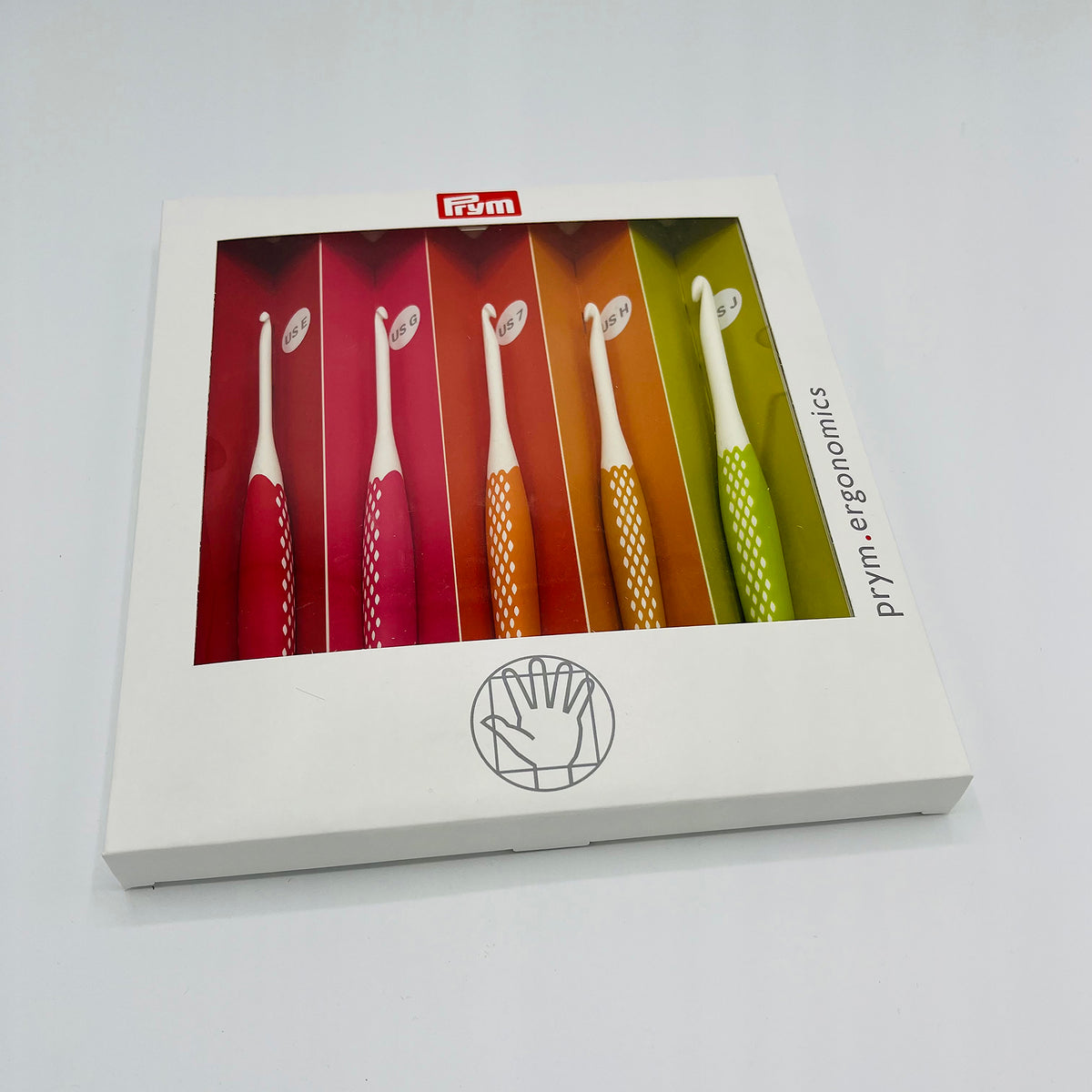 A set of Prym Ergonomics Small Crochet hooks in sizes US E (3.5mm), US G (4mm), US7 (4.5mm), US H (5mm), and US J (6mm)