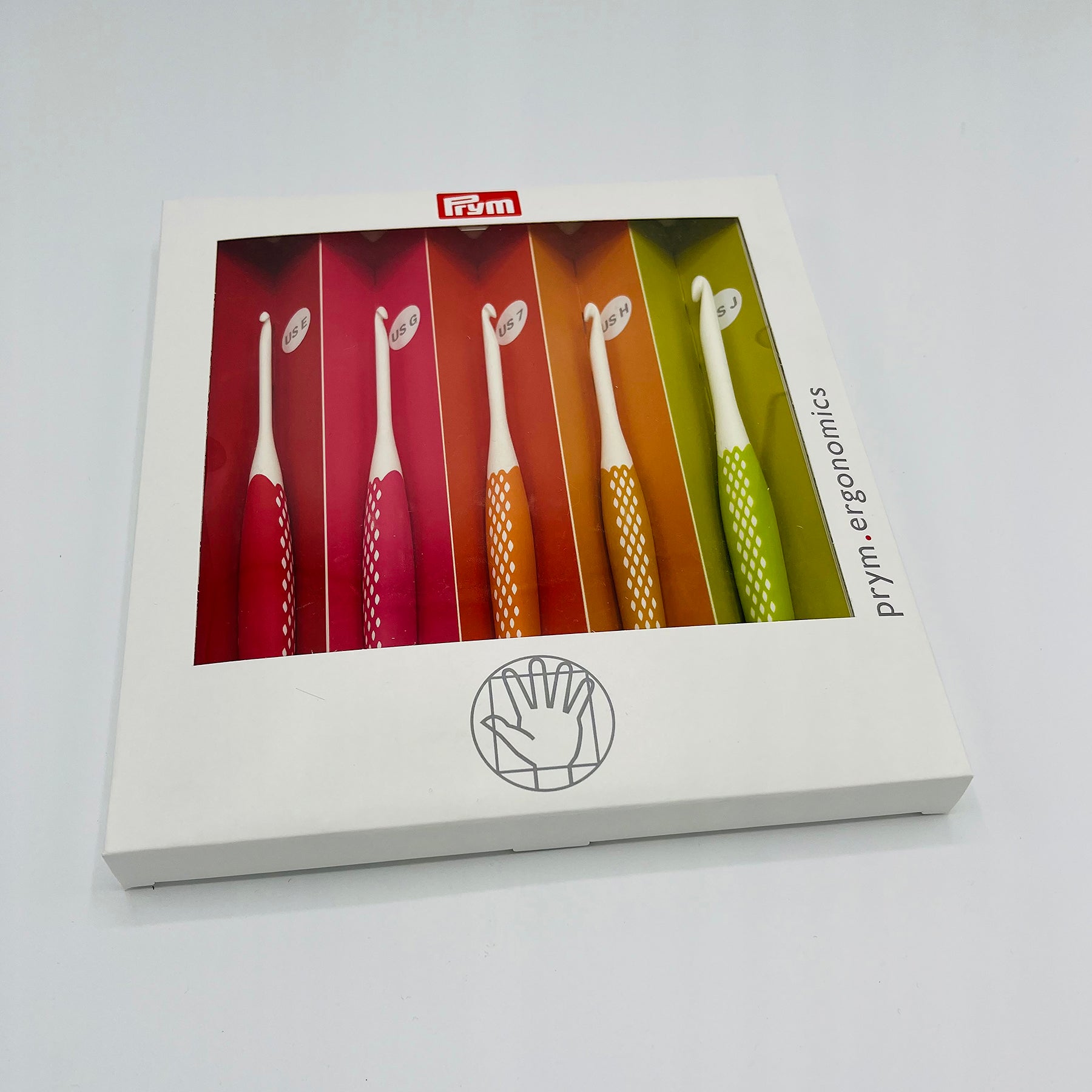 A set of Prym Ergonomics Small Crochet hooks in sizes US E (3.5mm), US G (4mm), US7 (4.5mm), US H (5mm), and US J (6mm)