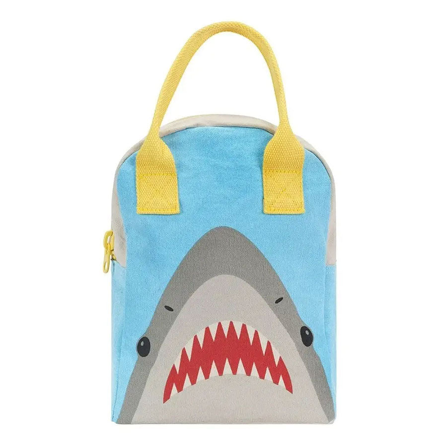 Blue and grey bag with a shark face printed on the front with yellow handles and a zipper closure on a white background