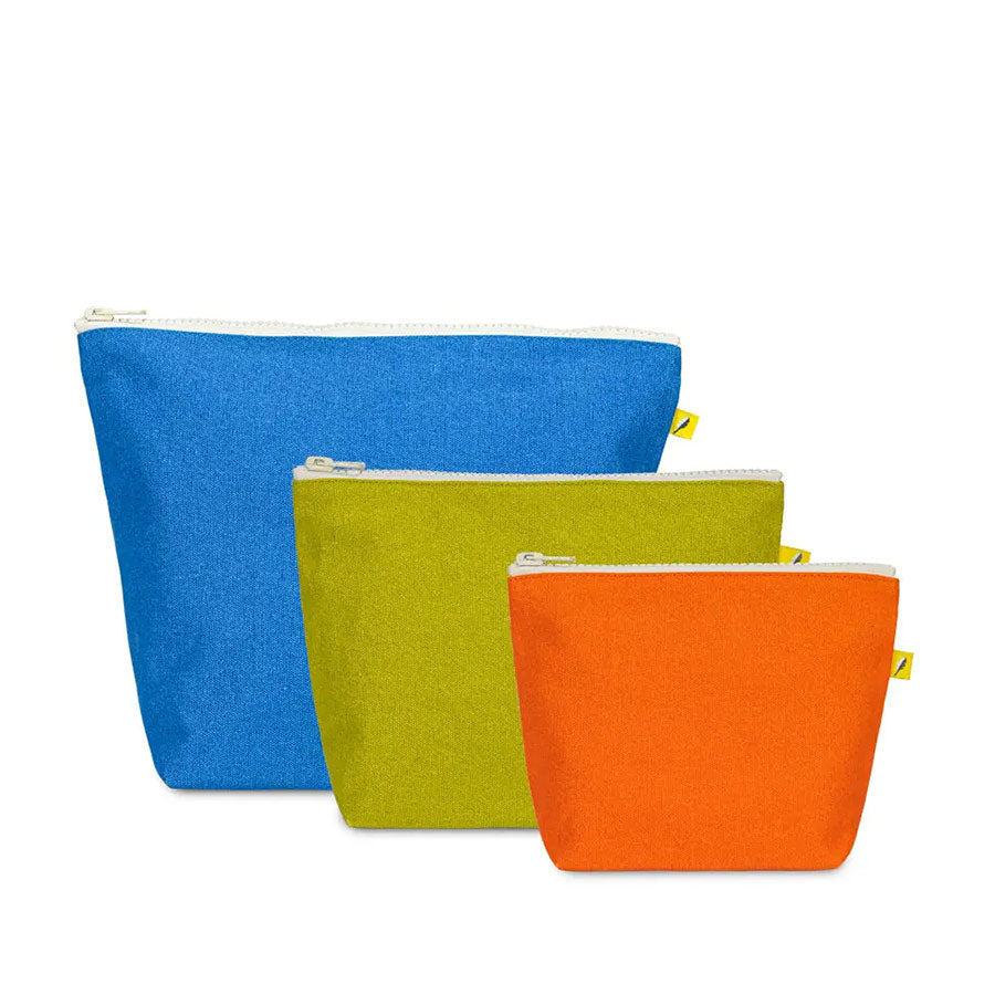 A set of three zippered pouches, a large blue pouch, a medium green pouch, and a small orange pouch on a white background 