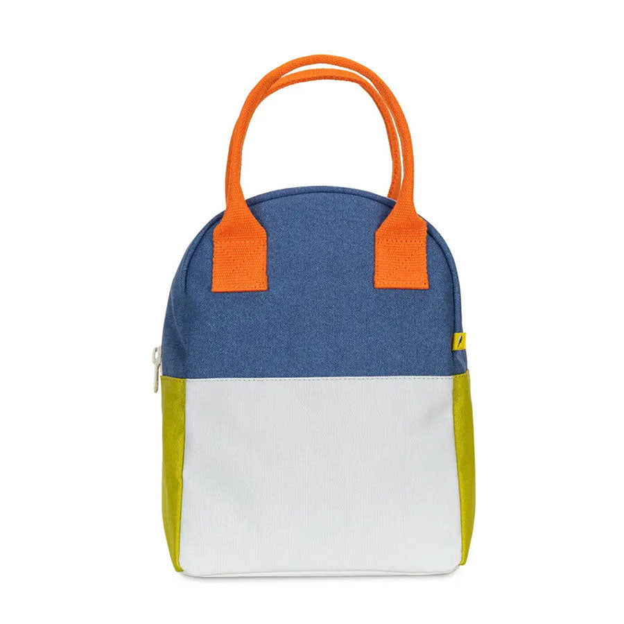 A color blocked bag in green, blue, light blue, and orange with a zipper closure on a white background
