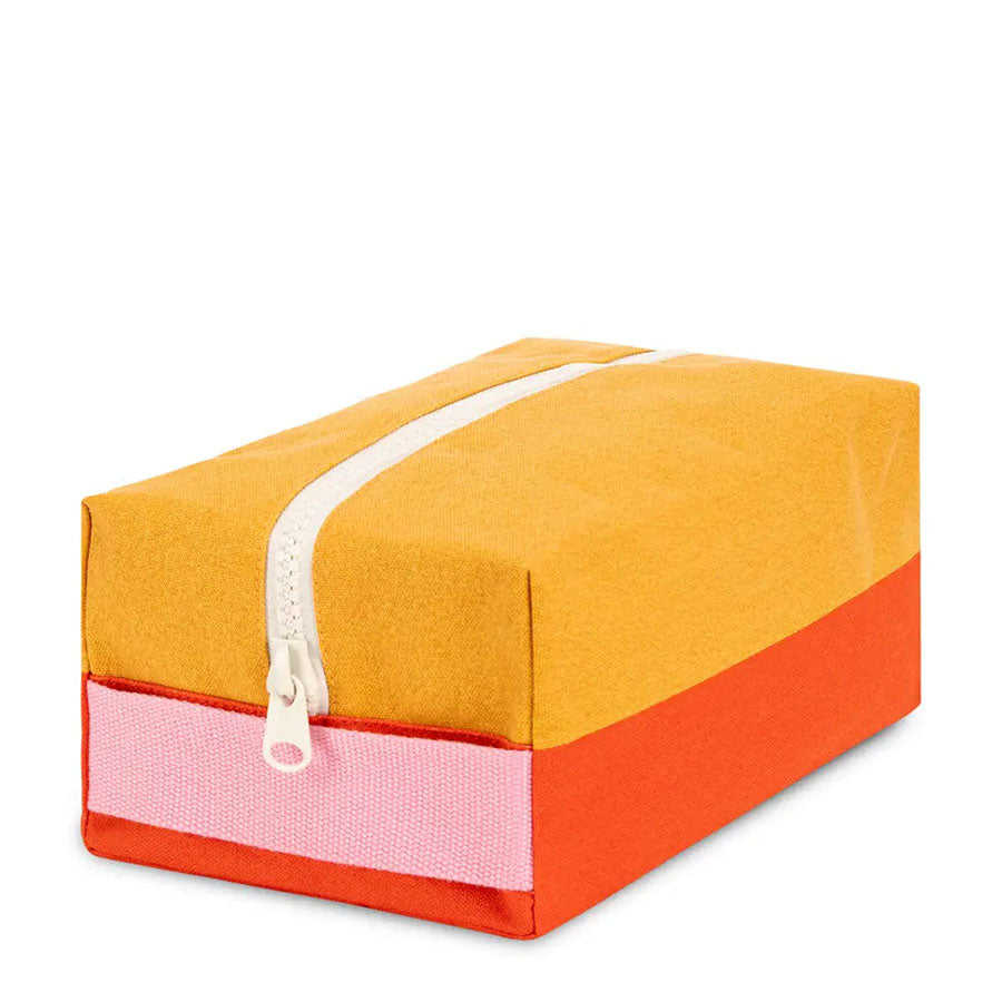 Rectangular fabric pouch in orange yellow and pink with a zipper closure