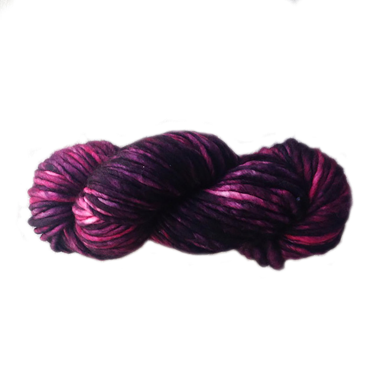 A skein of Manos Franca in Velvet F23, a variegated dark purple, dark pink, and neon pink