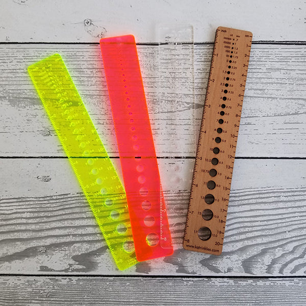 8" Katrinkles gauge rulers in bright yellow or watermelon pink acrylic and wood. 