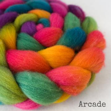 Detail of Greenwood Fiberworks Falkland Arcade, colorful rainbow.