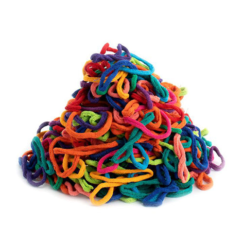 Picture of a pile of Lotta Loops PRO size loops in a primary colors. 