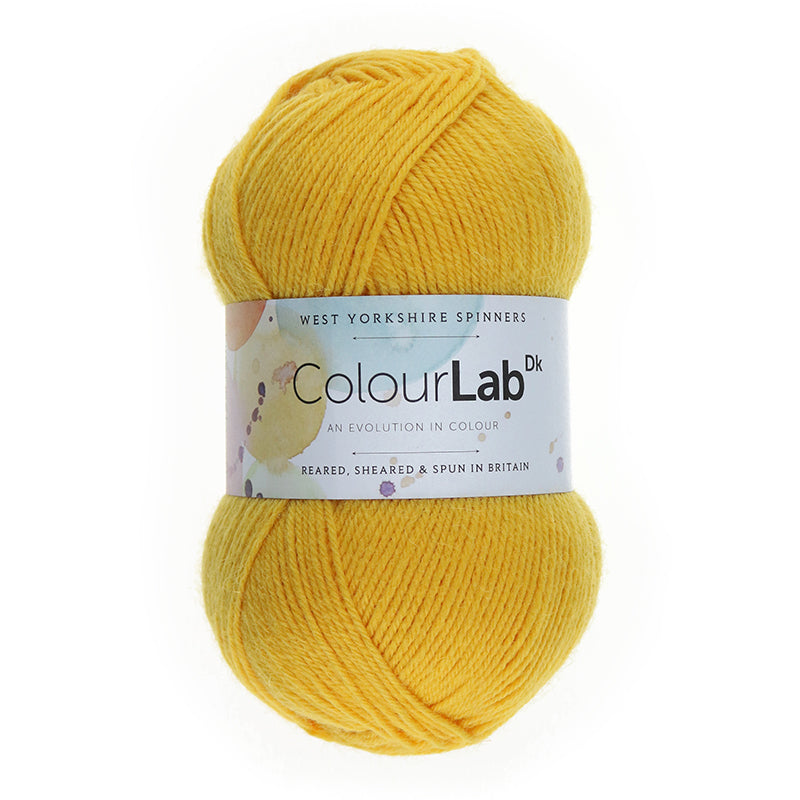 West Yorkshire Spinners Colour Lab DK in Citrus Yellow, a lemony yellow color.