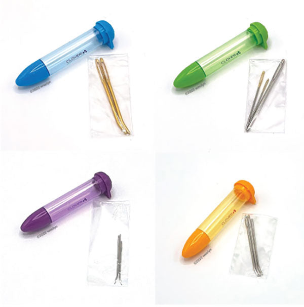 Chibi Needle Cases with needles.  Shown in Blue, Green, Purple + Yellow.