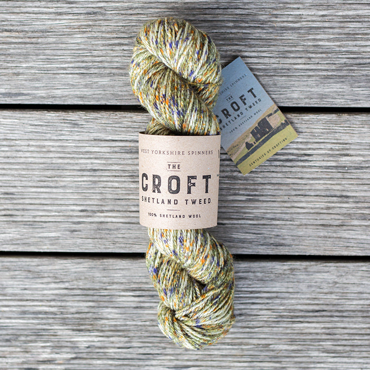 West Yorkshire Spinners the Croft Shetland Tweed in Heylor a white base yarn with olive, purple and orange speckle.