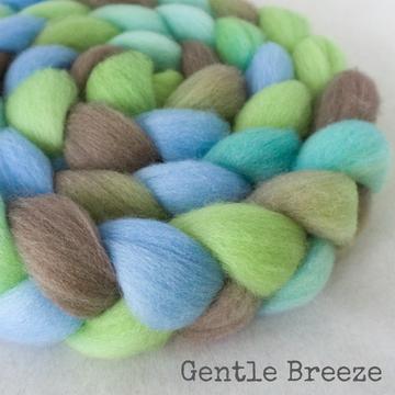 Detail of Greenwood Fiberworks Falkland Gentle Breeze in light blue, green and brown. 