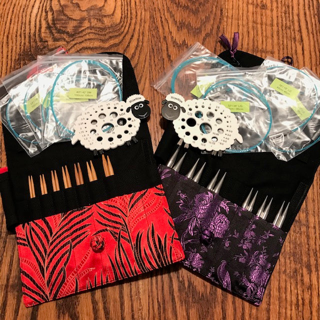 Hiya Hiya Bamboo and Steel Interchangeable Circular Needle Set in sizes 9-15 US, 4 chord lengths, needles gauge and case.