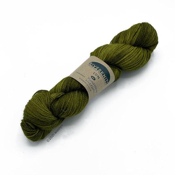 A skein of River Knits Lyn a worsted plied DK weight yarn in Moosbedeckter Waldboden, a moss green color with pale green undertones.