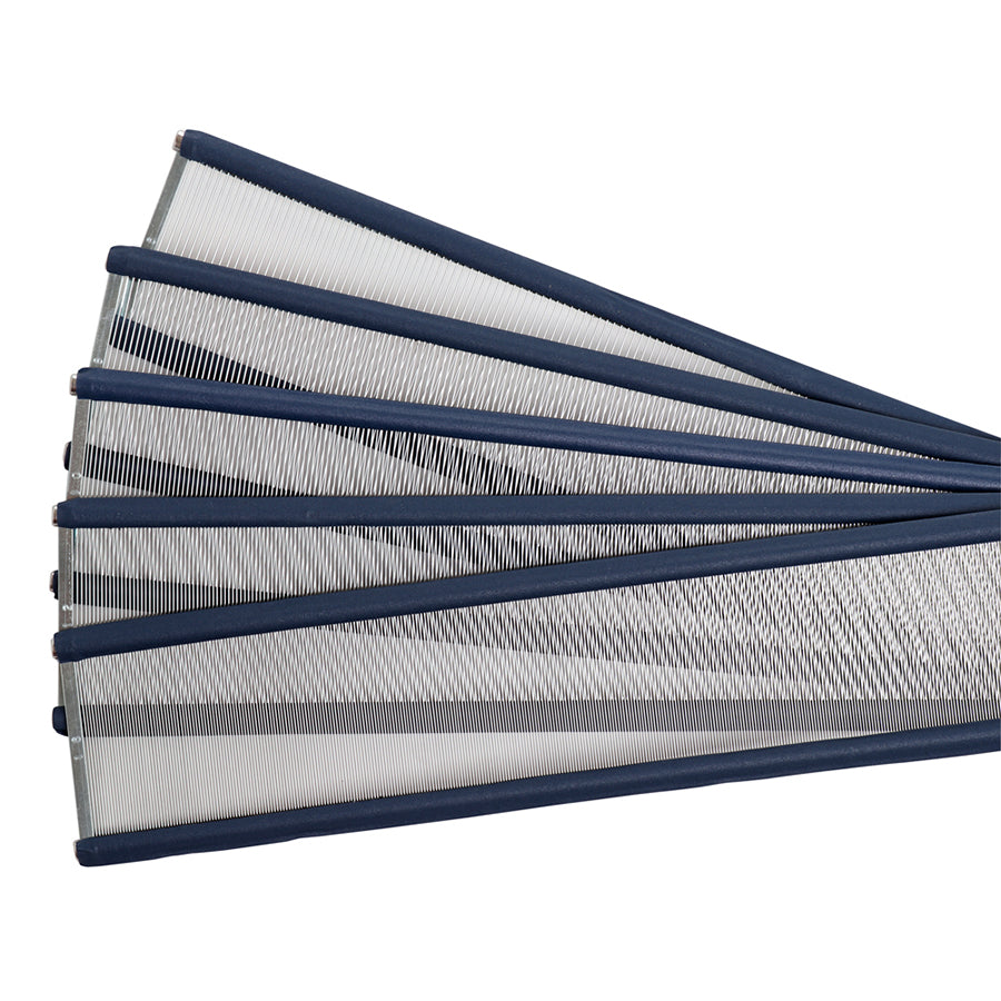 Stainless steel reeds for the Ashford Katie Loom shown in a variety of dents.