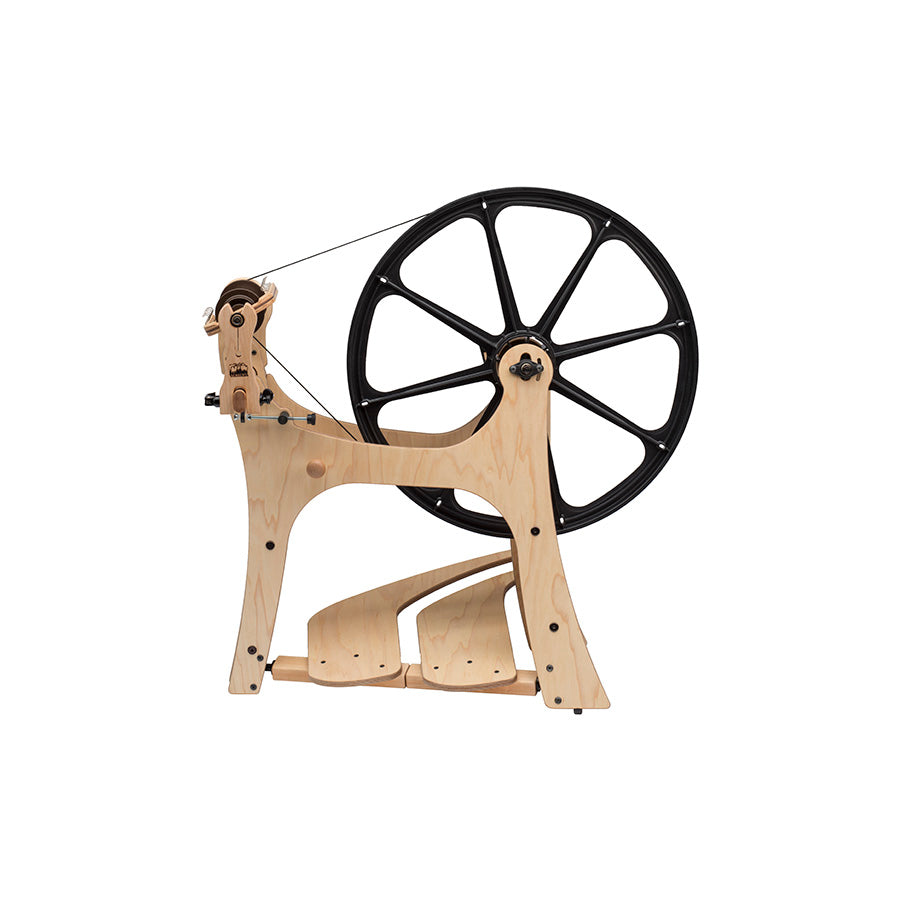 Sideview of a Schacht Flatiron Spinning Wheel.