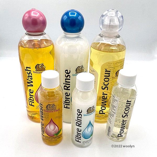 Unicorn Fibre Wash, Fibre Rinse and Power Scour in 4 oz and 16 oz bottles.