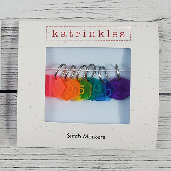 Katrinkles Rainbow Acrylic stitch markers with numbers on them to help you cast on. 