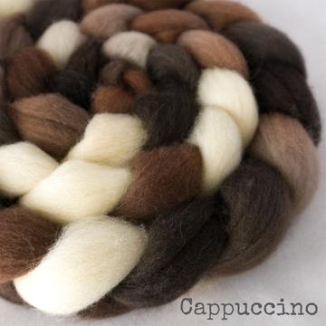 Detail of Greenwood Fiberworks Pigtails Cappuccino in browns, black and creamy white. 