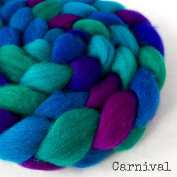 Detail of Greenwood Fiberworks Pigtails Carnival in bright hues or green, blues and purples. 