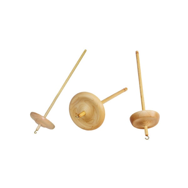 Image of Schacht Hi-Lo Drop Spindles in three sizes: 2″ (1.1 ounces), 3″ (2.2 ounces) and 4″ (3 ounces).