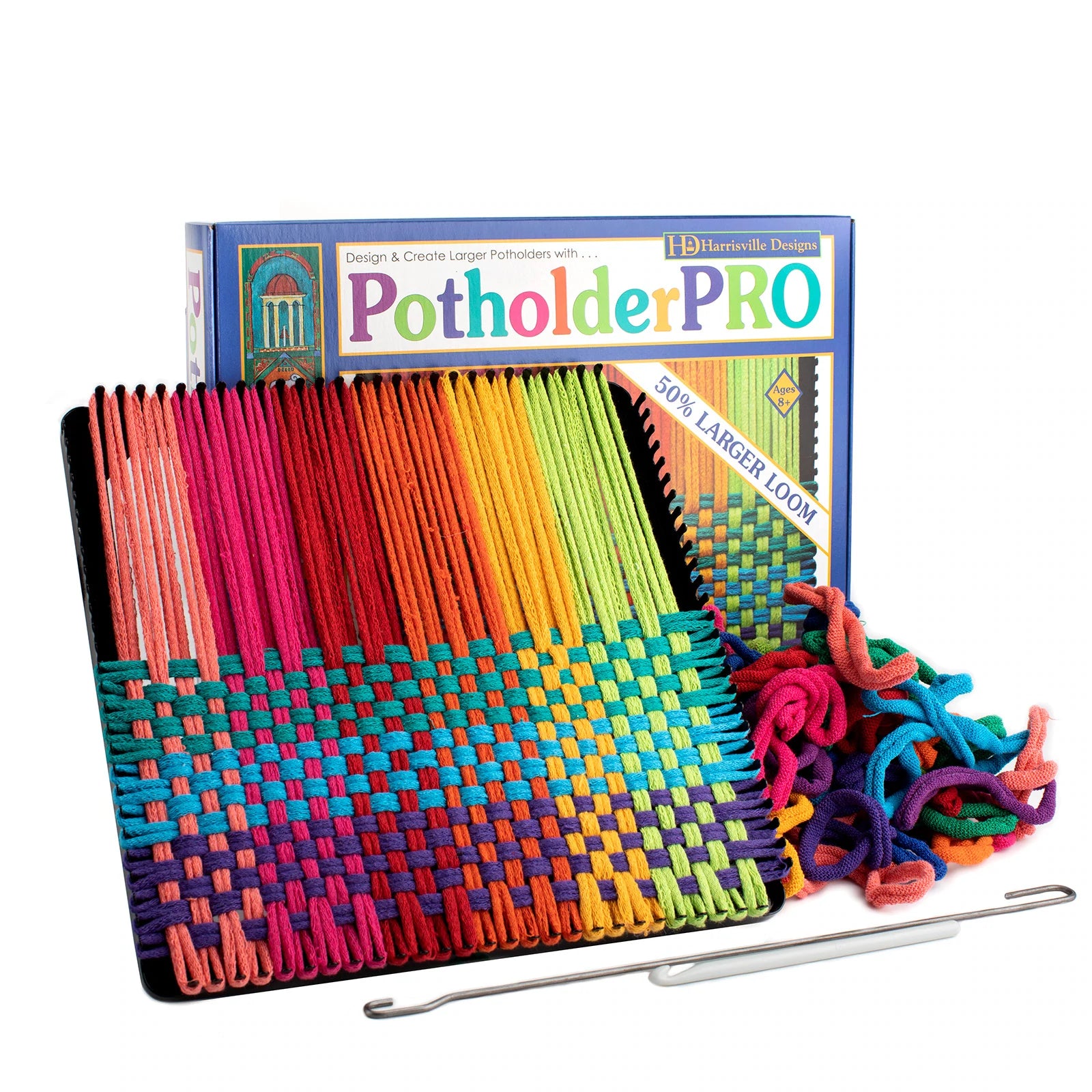Harrisville Potholder PRO loom, hooks, and cotton loops in various colors