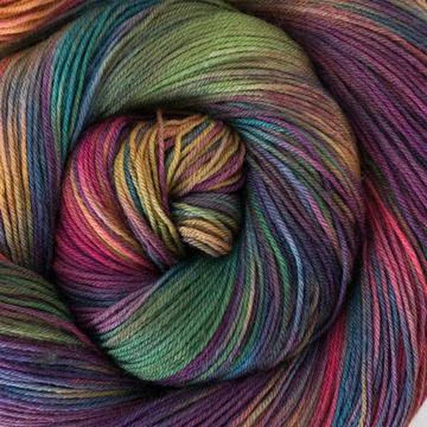 Detail of Greenwood Fiberworks Simply Sock Arcade, a highly variegated yarn in muted rainbow colors. 