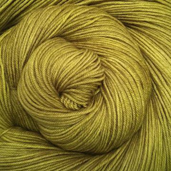 Detail of Greenwood Fiberworks Simply Sock Gold Semi, in a  green-gold color.