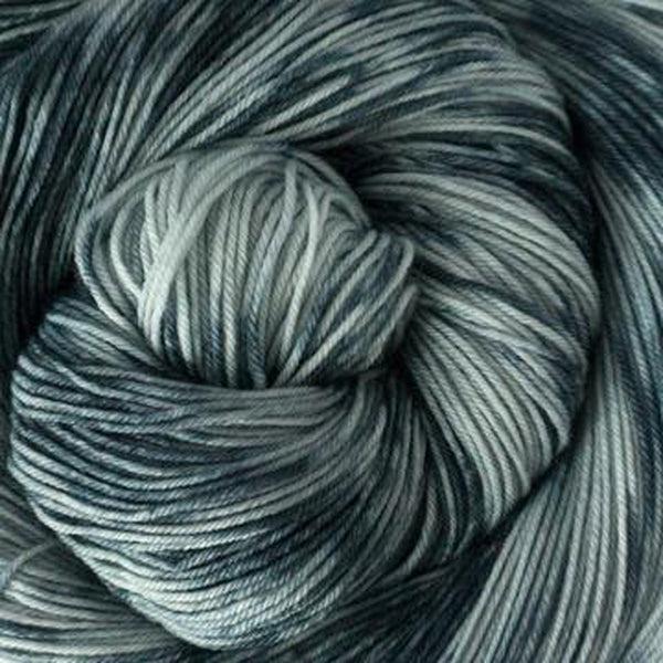 Detail of Greenwood Fiberworks Simply Sock Steel Tonal, a medium and dark grey with tonal variation.