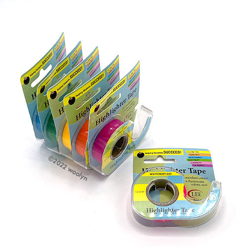 Six highlighter tape dispensers in a range of colors: blue, green, yellow, orange, purple and pink,